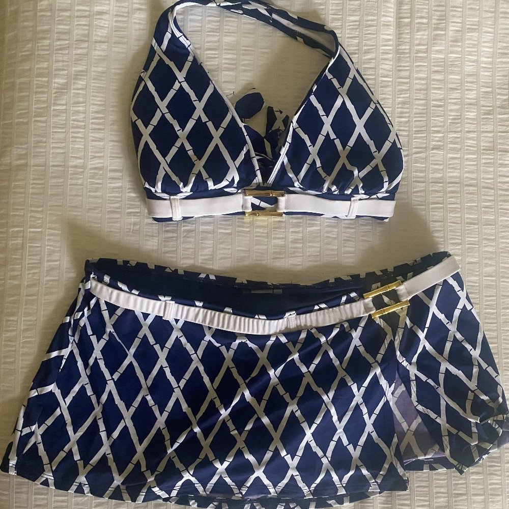 Bleu Rod Beattie Navy and White  Skirt Bikini  NWT
